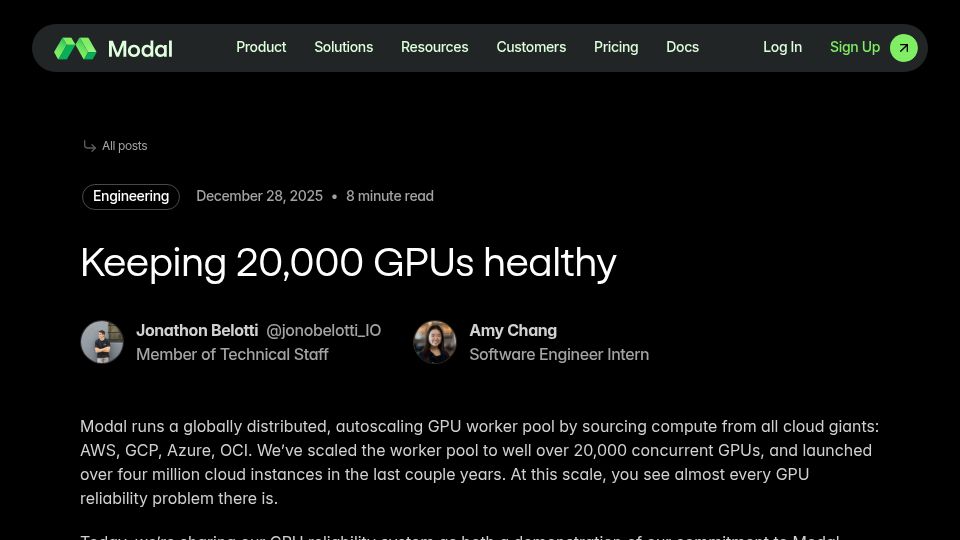 Screenshot of modal.com: Keeping 20k GPUs healthy