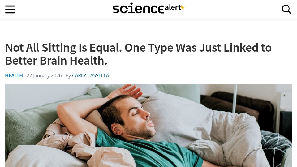 Screenshot of sciencealert.com: 'Active' sitting is better for brain health: review of studies
