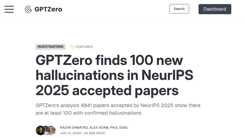 Screenshot of gptzero.me: GPTZero finds 100 new hallucinations in NeurIPS 2025 accepted papers
