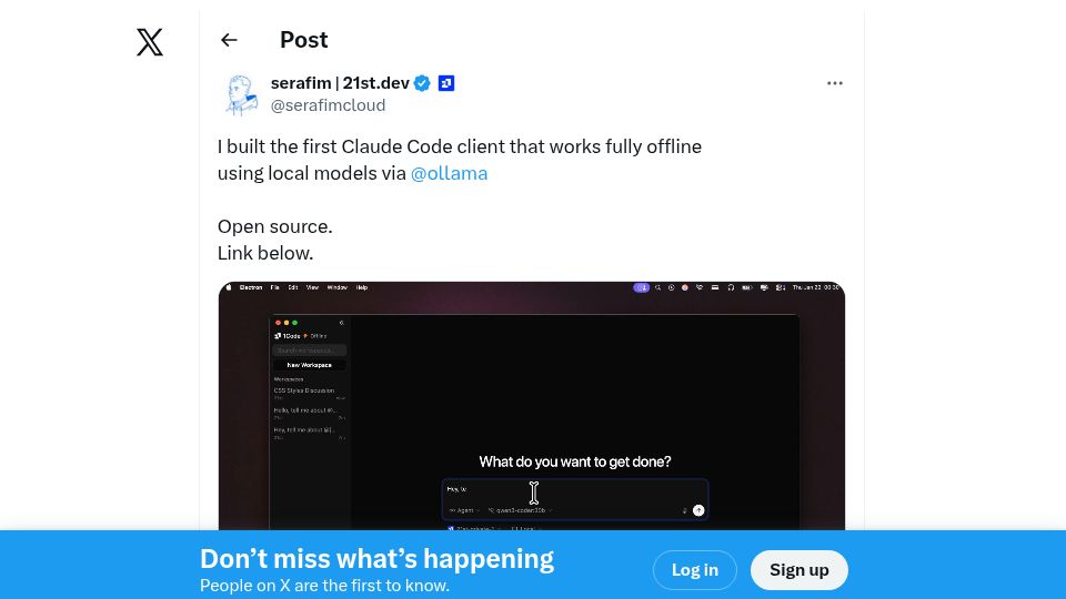 Screenshot of github.com: Show HN: First Claude Code client for Ollama local models