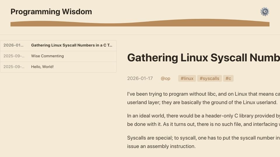 Screenshot of t-cadet.github.io: Gathering Linux Syscall Numbers in a C Table