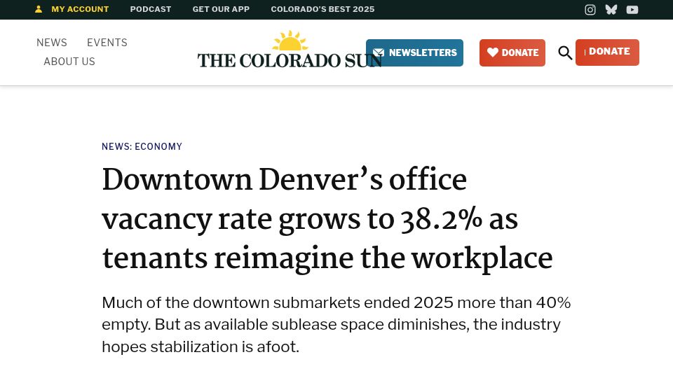Screenshot of coloradosun.com: Downtown Denver's office vacancy rate grows to 38.2%