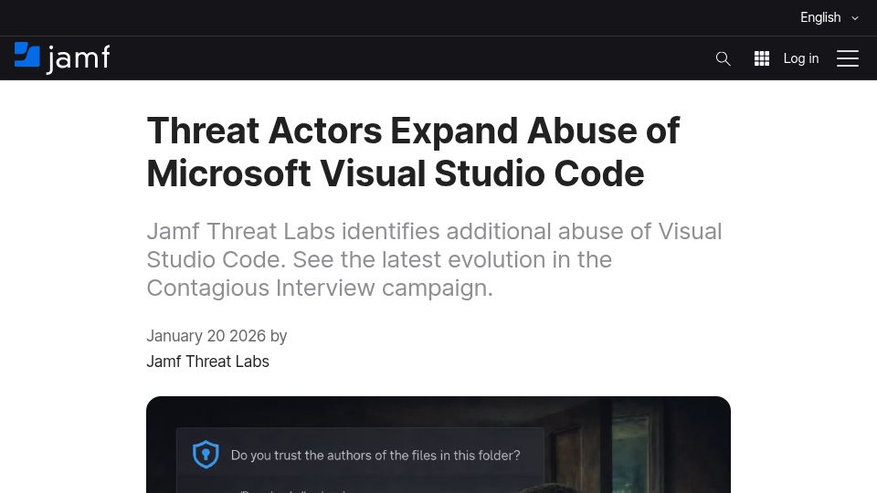 Screenshot of jamf.com: Threat actors expand abuse of Microsoft Visual Studio Code