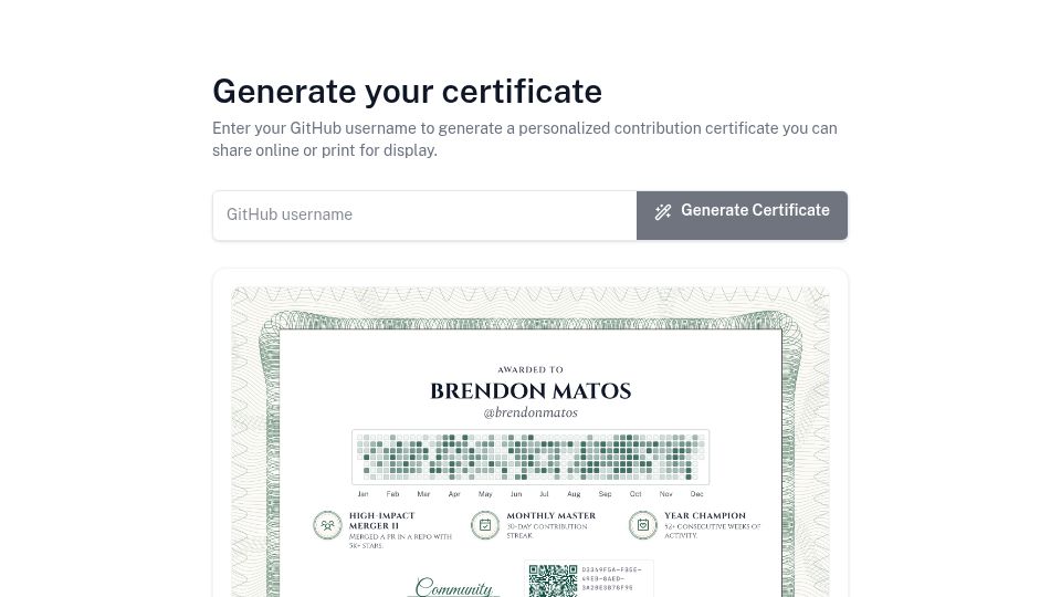 Screenshot of certificate.brendonmatos.com: Show HN: Open-source certificate from GitHub activity