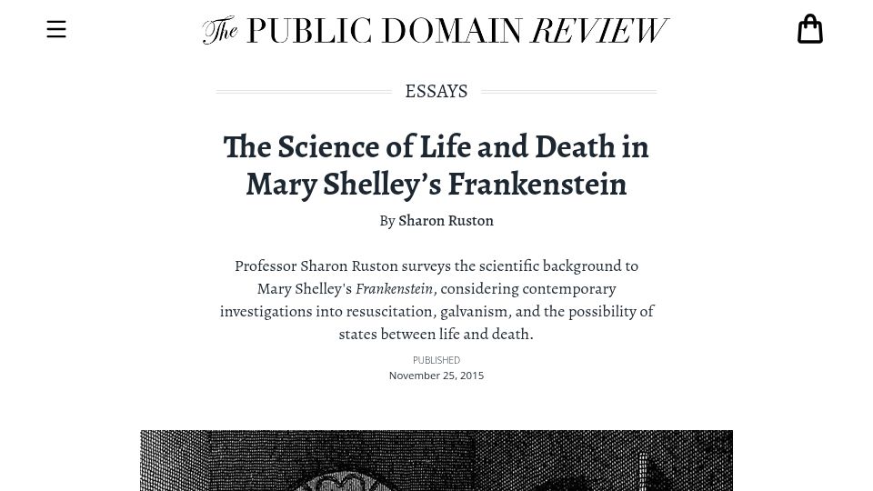 Screenshot of publicdomainreview.org: The Science of Life and Death in Mary Shelley's Frankenstein
