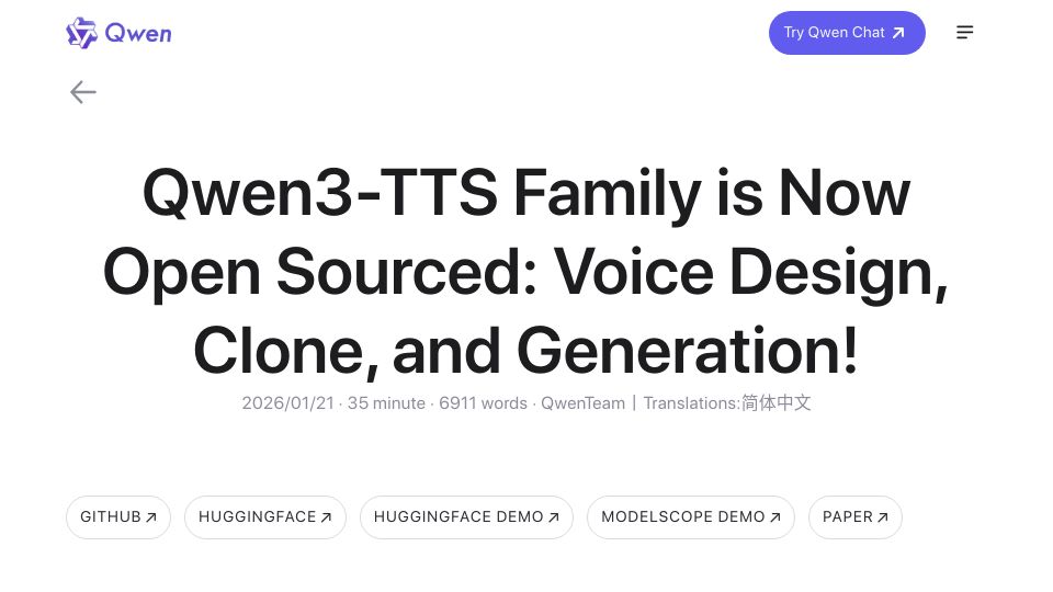 Screenshot of qwen.ai: Qwen3-TTS family is now open sourced: Voice design, clone, and generation