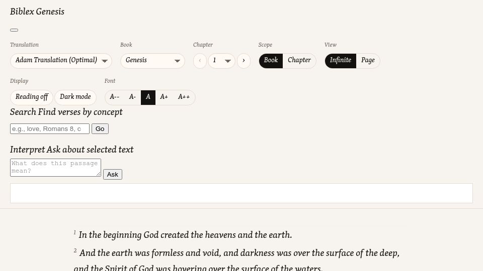 Screenshot of biblexica.com: Show HN: Bible translated using LLMs from source Greek and Hebrew