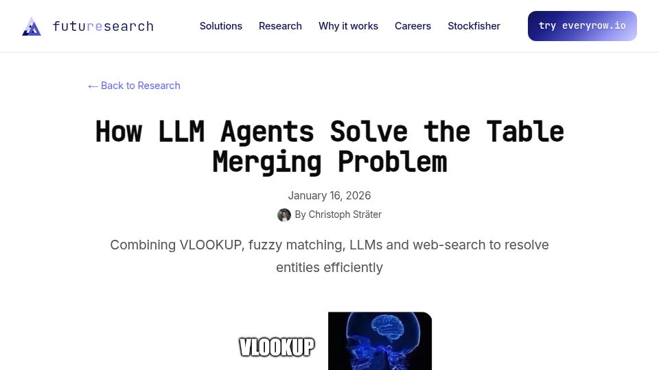 Screenshot of futuresearch.ai: How LLM agents solve the table merging problem