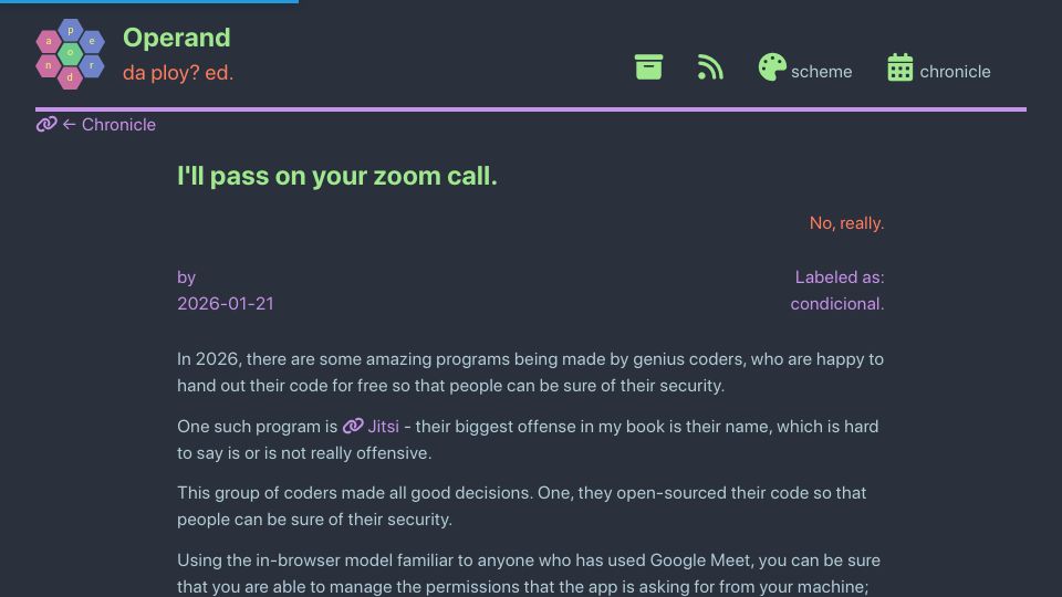 Screenshot of operand.online: I'll pass on your zoom call