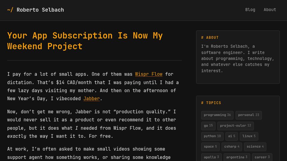 Screenshot of rselbach.com: Your app subscription is now my weekend project