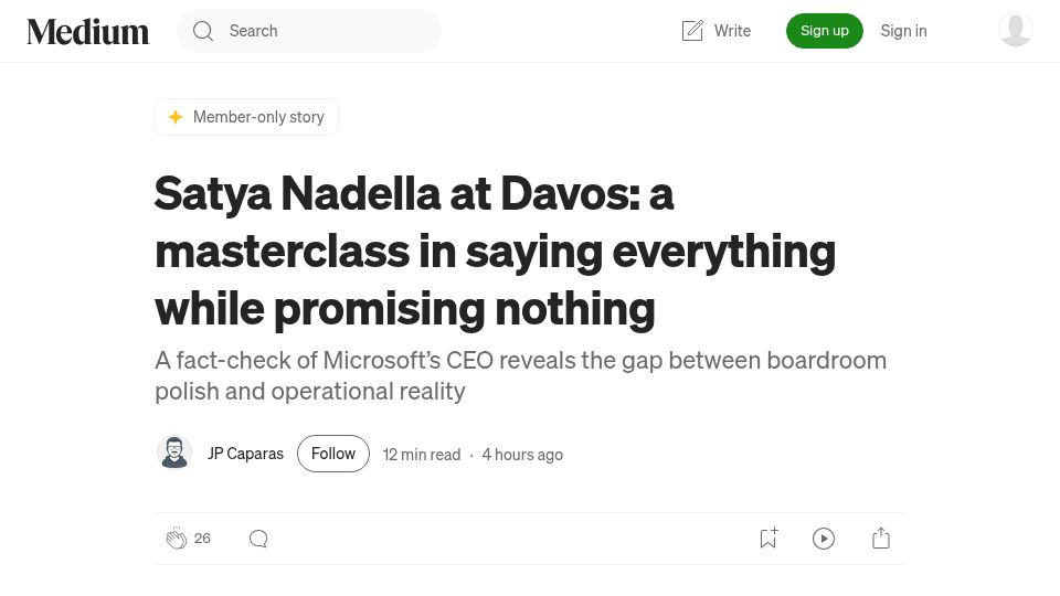 Screenshot of jpcaparas.medium.com: Satya Nadella: a masterclass in saying everything while promising nothing