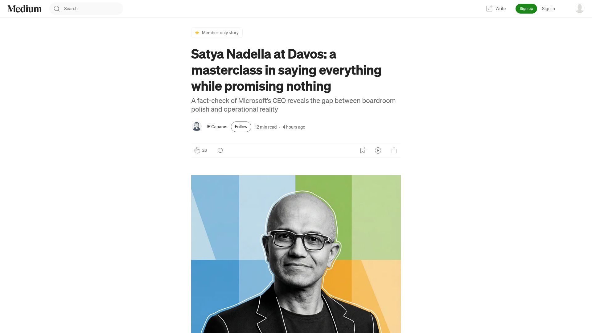 Screenshot of jpcaparas.medium.com: Satya Nadella: a masterclass in saying everything while promising nothing