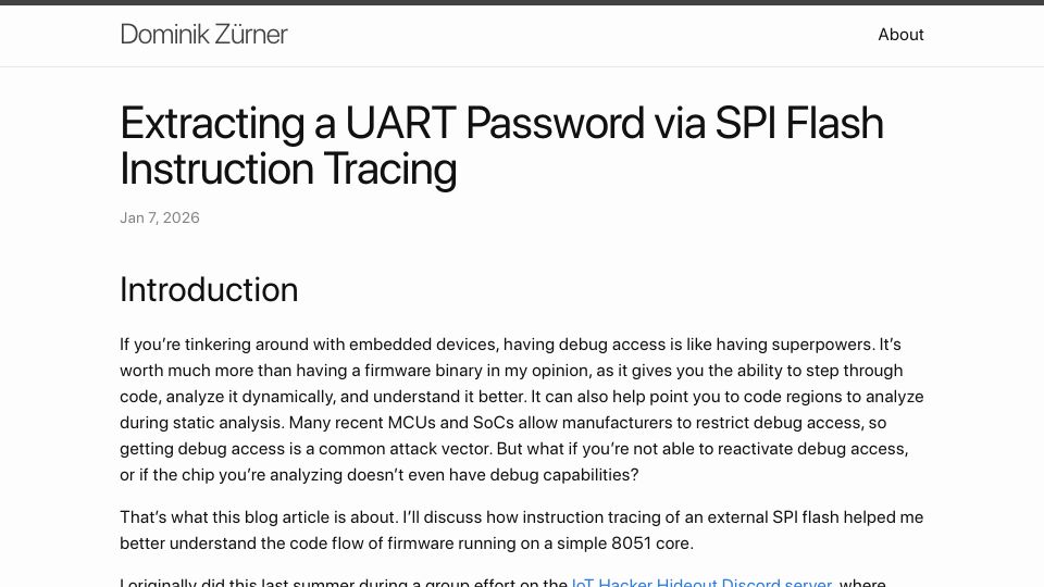 Screenshot of zuernerd.github.io: Extracting a UART Password via SPI Flash Instruction Tracing