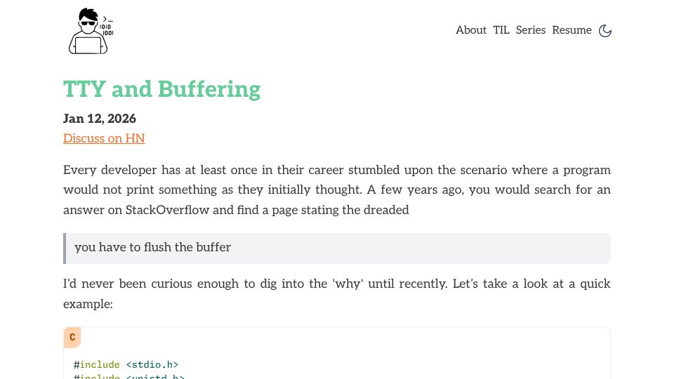 Screenshot of mattrighetti.com: TTY and Buffering