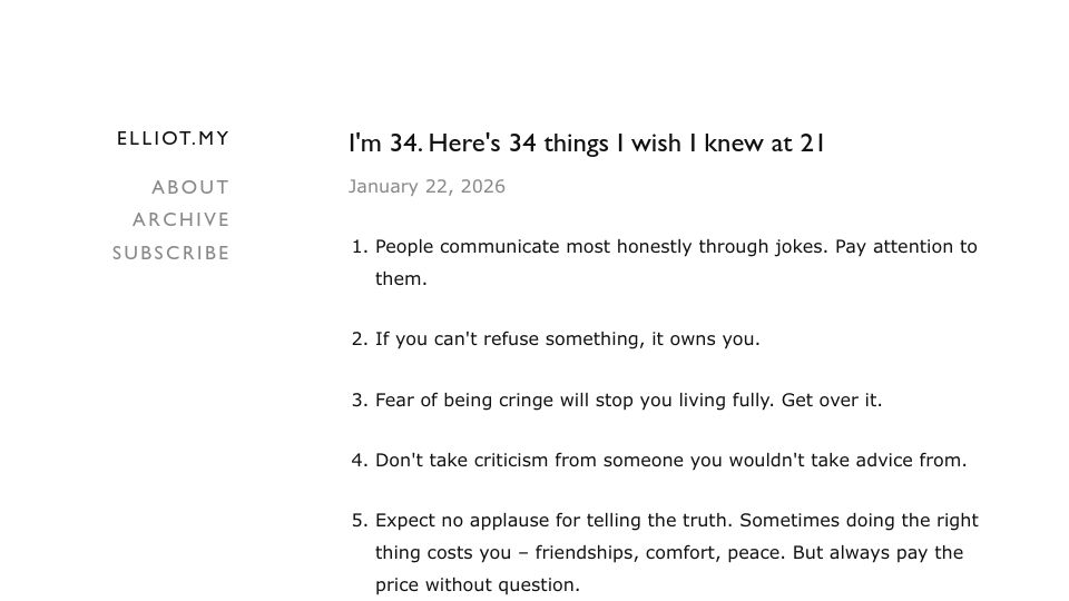Screenshot of elliot.my: I'm 34. Here's 34 things I wish I knew at 21