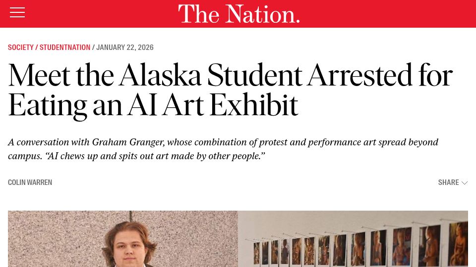 Screenshot of thenation.com: Meet the Alaska Student Arrested for Eating an AI Art Exhibit