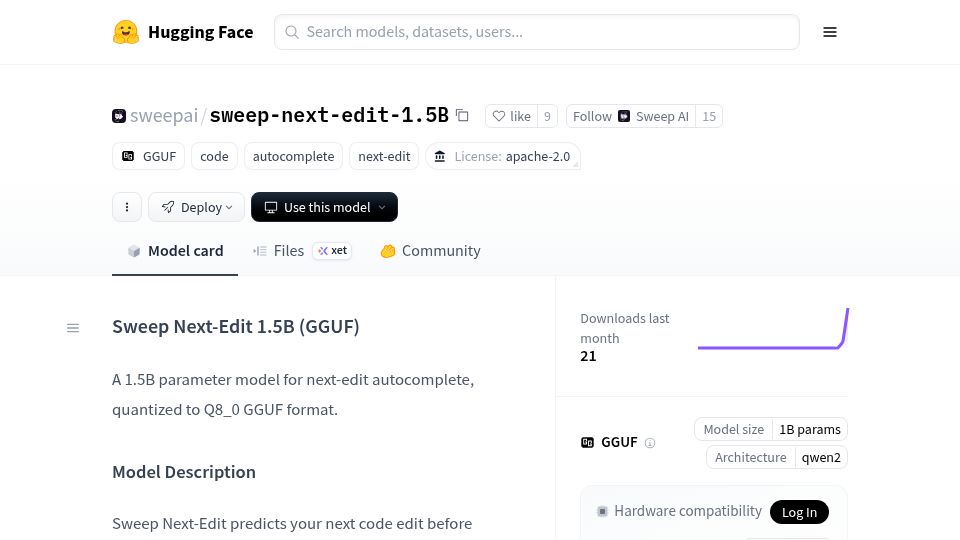 Screenshot of huggingface.co: Show HN: Sweep, Open-weights 1.5B model for next-edit autocomplete
