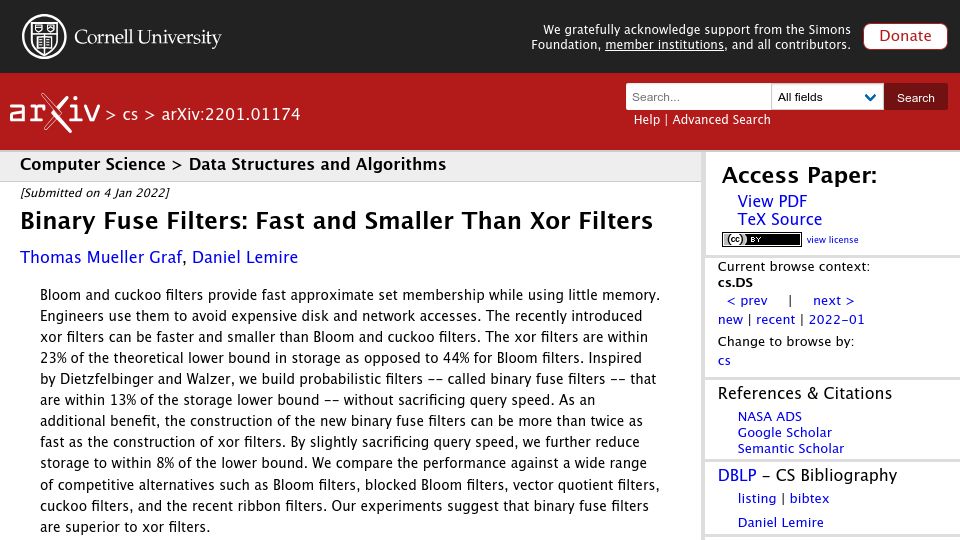 Screenshot of arxiv.org: Binary fuse filters: Fast and smaller than xor filters (2022)