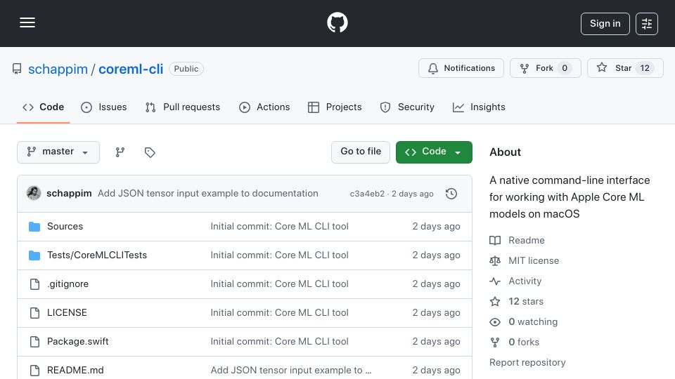 Screenshot of github.com: Show HN: CLI for working with Apple Core ML models