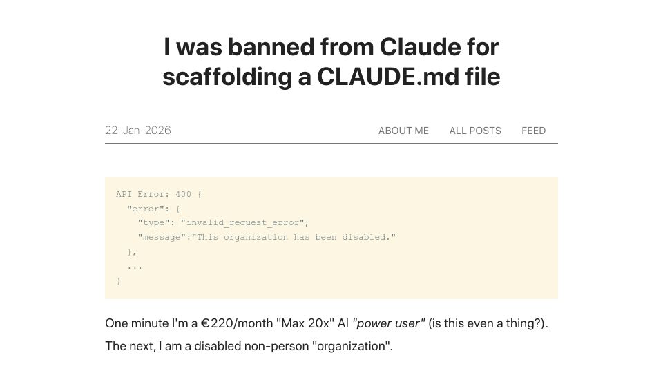 Screenshot of hugodaniel.com: I was banned from Claude for scaffolding a Claude.md file?