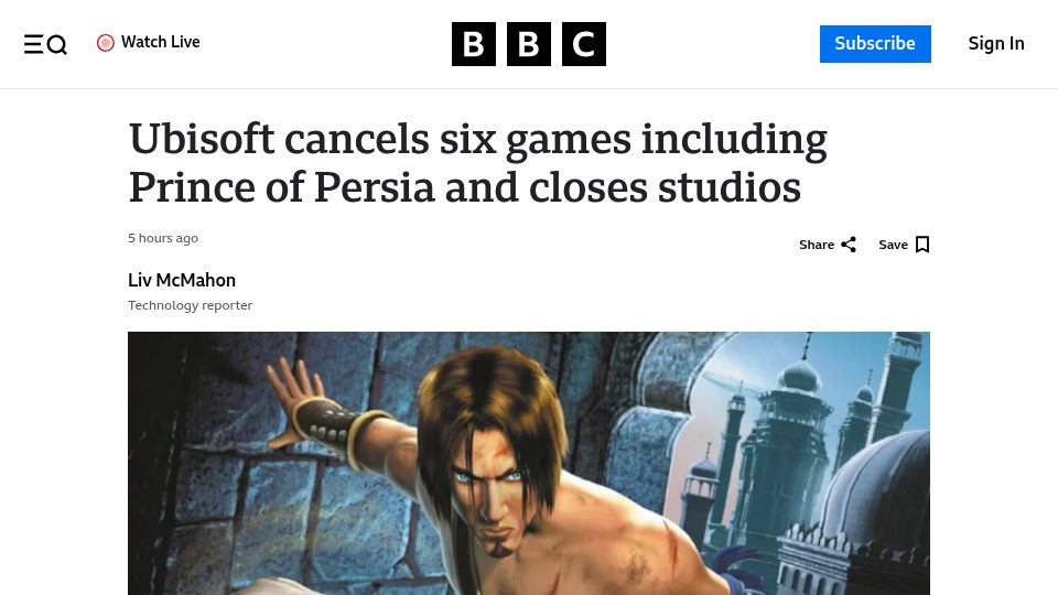Screenshot of bbc.co.uk: Ubisoft cancels six games including Prince of Persia and closes studios