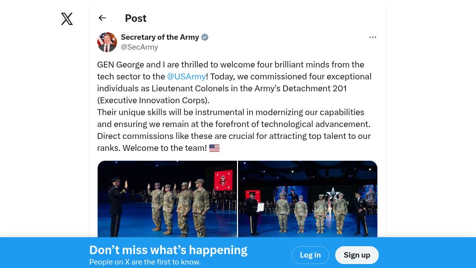 Screenshot of twitter.com: Palantir, Meta, OpenAI Execs Appointed Lieutenant Colonels in US Army