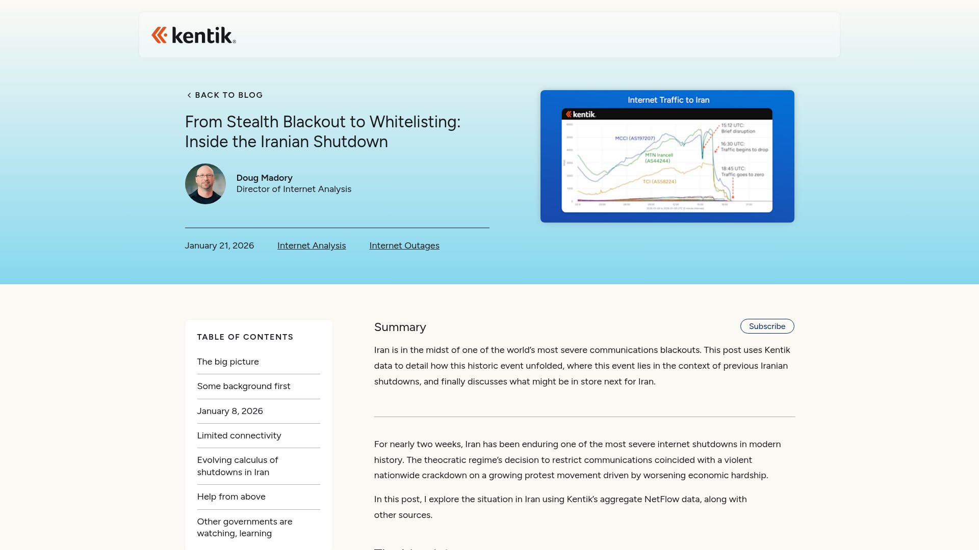 Screenshot of kentik.com: From stealth blackout to whitelisting: Inside the Iranian shutdown