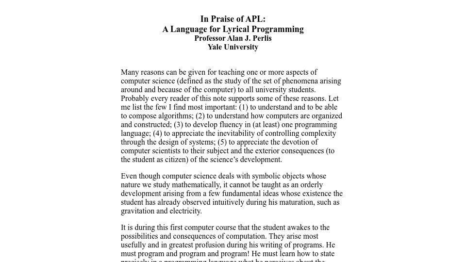 Screenshot of jsoftware.com: In Praise of APL (1977)