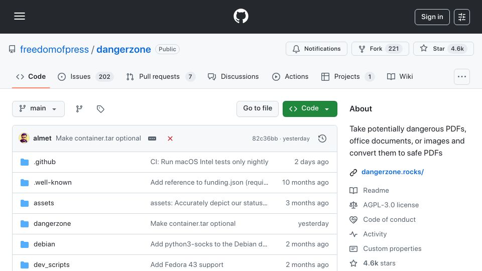 Screenshot of github.com: Convert potentially dangerous PDFs to safe PDFs