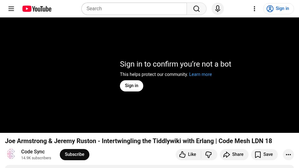 Screenshot of youtube.com: Joe Armstrong and Jeremy Ruston – Intertwingling the Tiddlywiki with Erlang [video]