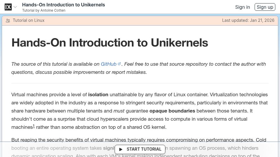 Screenshot of labs.iximiuz.com: Hands-On Introduction to Unikernels