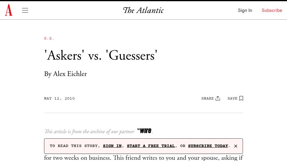 Screenshot of theatlantic.com: 'Askers' vs. 'Guessers' (2010)