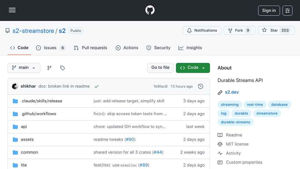 Screenshot of github.com: Show HN: S2-lite, an open source Stream Store