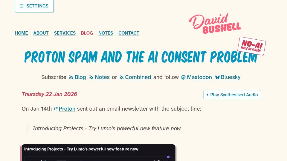Screenshot of dbushell.com: Proton spam and the AI consent problem