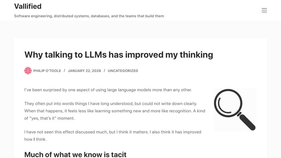 Screenshot of philipotoole.com: Talking to LLMs has improved my thinking