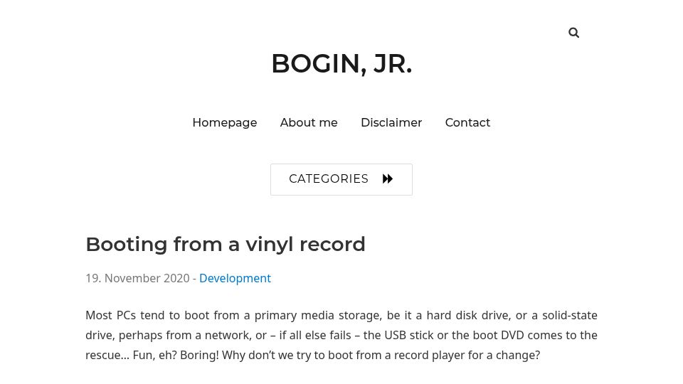 Screenshot of boginjr.com: Booting from a vinyl record (2020)