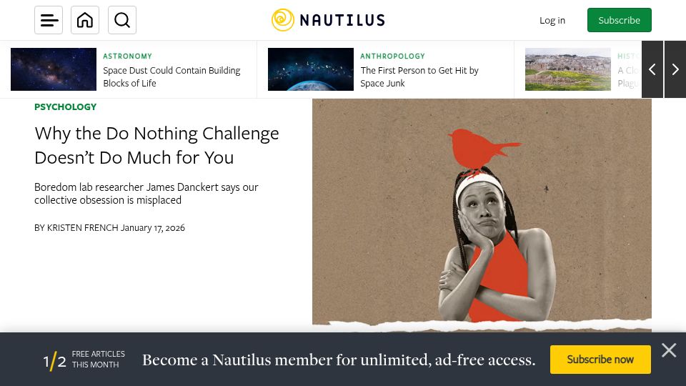 Screenshot of nautil.us: Our collective obsession with boredom: Interview with a boredom lab researcher