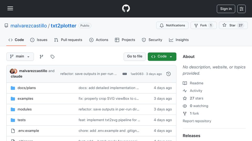 Screenshot of github.com: Show HN: Txt2plotter – True centerline vectors from Flux.2 for pen plotters