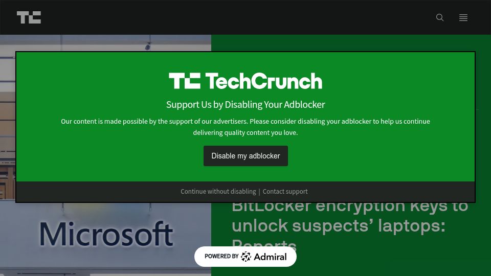 Screenshot of techcrunch.com: Microsoft gave FBI set of BitLocker encryption keys to unlock suspects' laptops