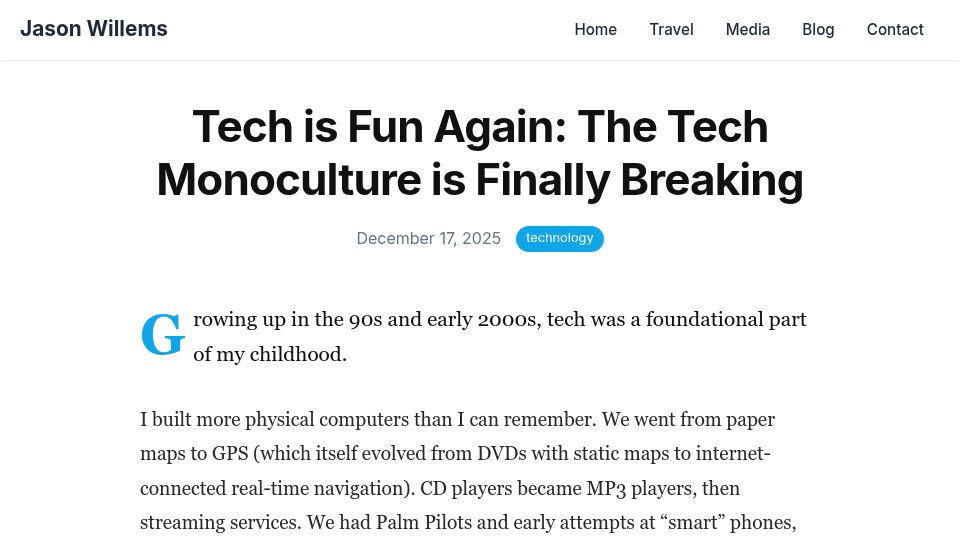Screenshot of jasonwillems.com: The tech monoculture is finally breaking