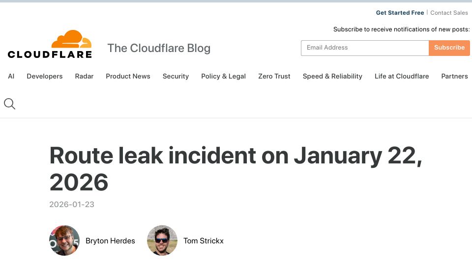 Screenshot of blog.cloudflare.com: Route leak incident on January 22, 2026