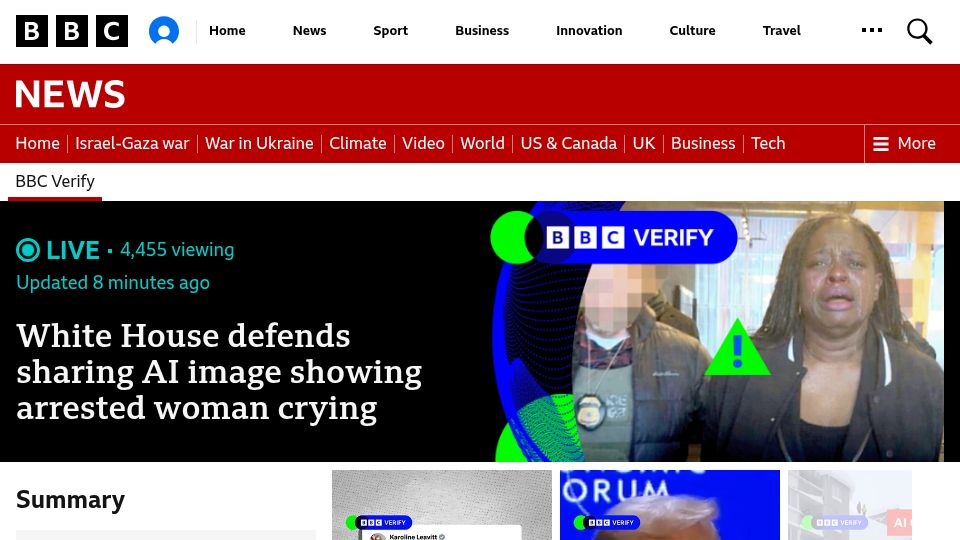Screenshot of bbc.co.uk: White House defends sharing AI image showing arrested woman crying