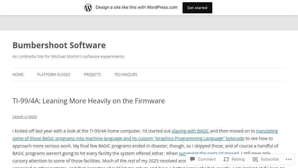 Screenshot of bumbershootsoft.wordpress.com: TI-99/4A: Leaning More on the Firmware