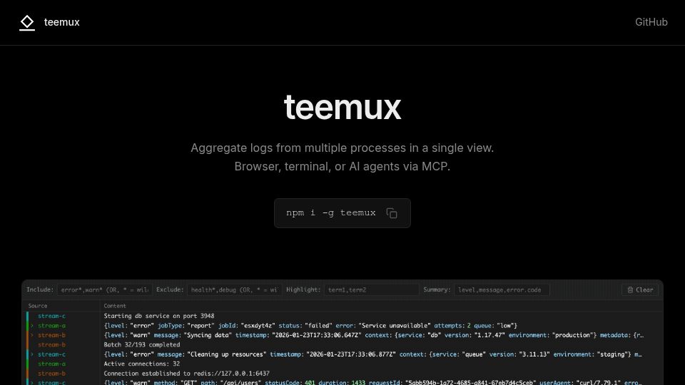 Screenshot of teemux.com: Show HN: Teemux – Zero-config log multiplexer with built-in MCP server
