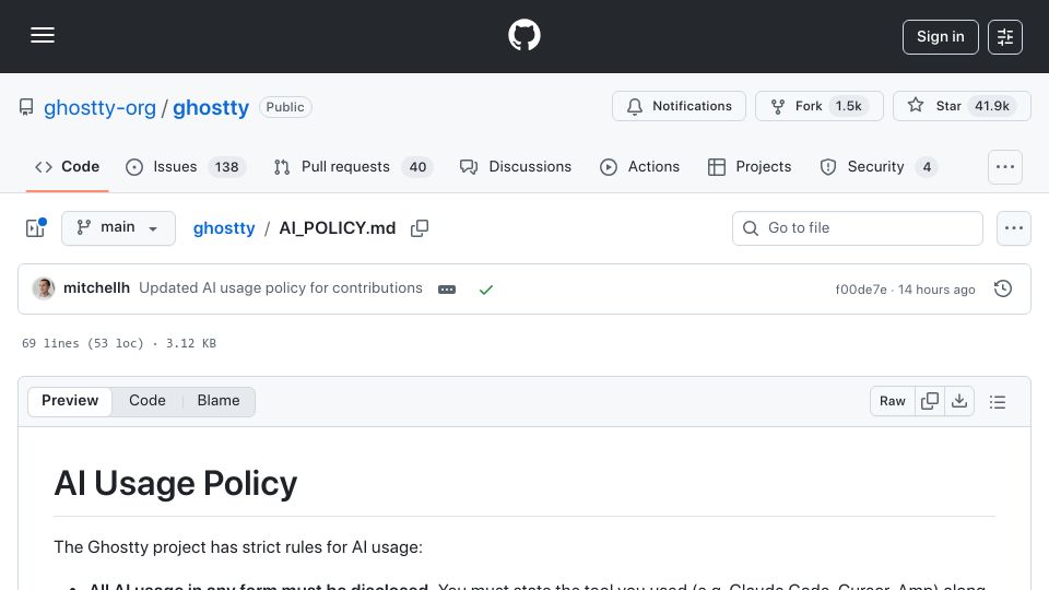 Screenshot of github.com: AI Usage Policy