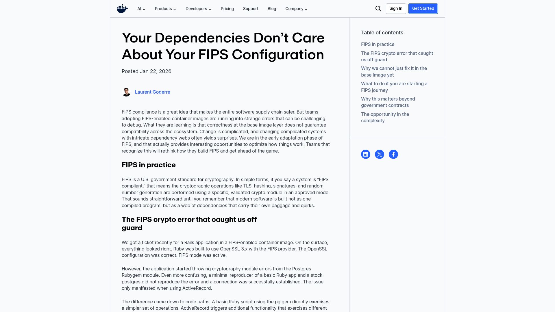Screenshot of docker.com: FIPS dependencies and prebuilt binaries