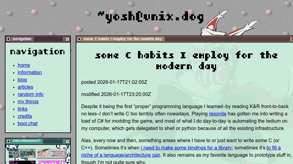 Screenshot of unix.dog: Some C habits I employ for the modern day