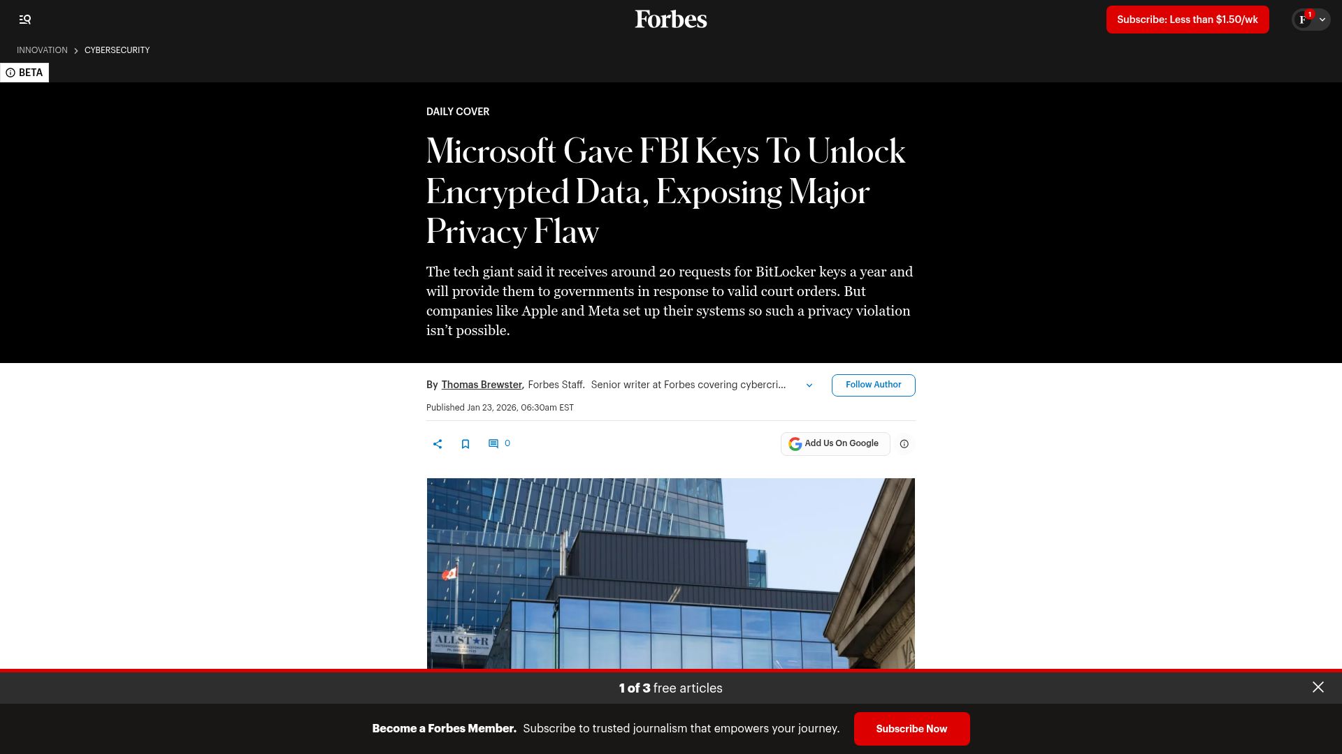Screenshot of forbes.com: Microsoft Gave FBI Keys to Unlock Encrypted Data, Exposing Major Privacy Flaw