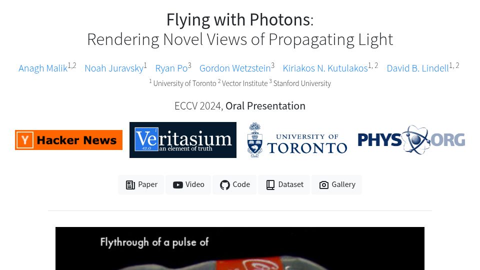 Screenshot of anaghmalik.com: Flying with Photons: Rendering Novel Views of Propagating Light