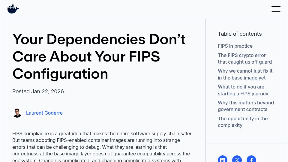 Screenshot of docker.com: FIPS dependencies and prebuilt binaries